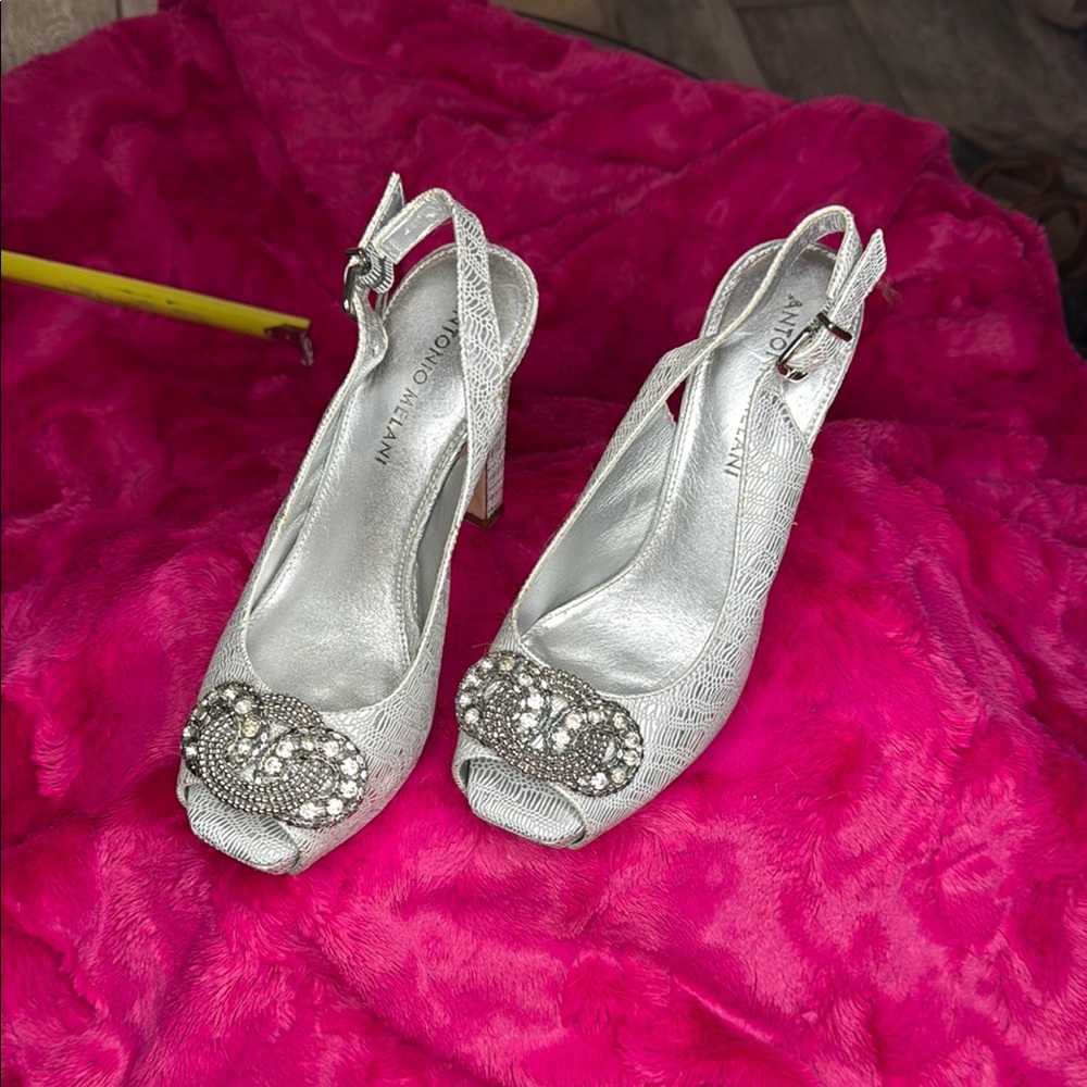 ANTONIO MELANI Silver Embellished Slingback Heels